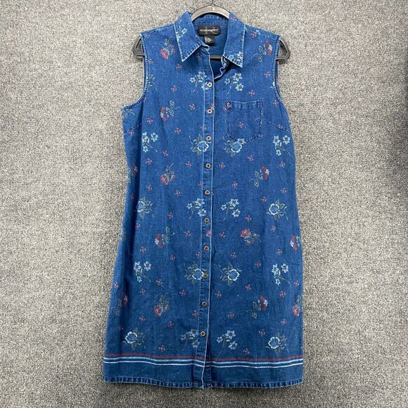 Requirements Dresses & Skirts - Requirements Dress Size L Blue Floral Linen Metal Button Up‎ Peasant Ranch Farm
